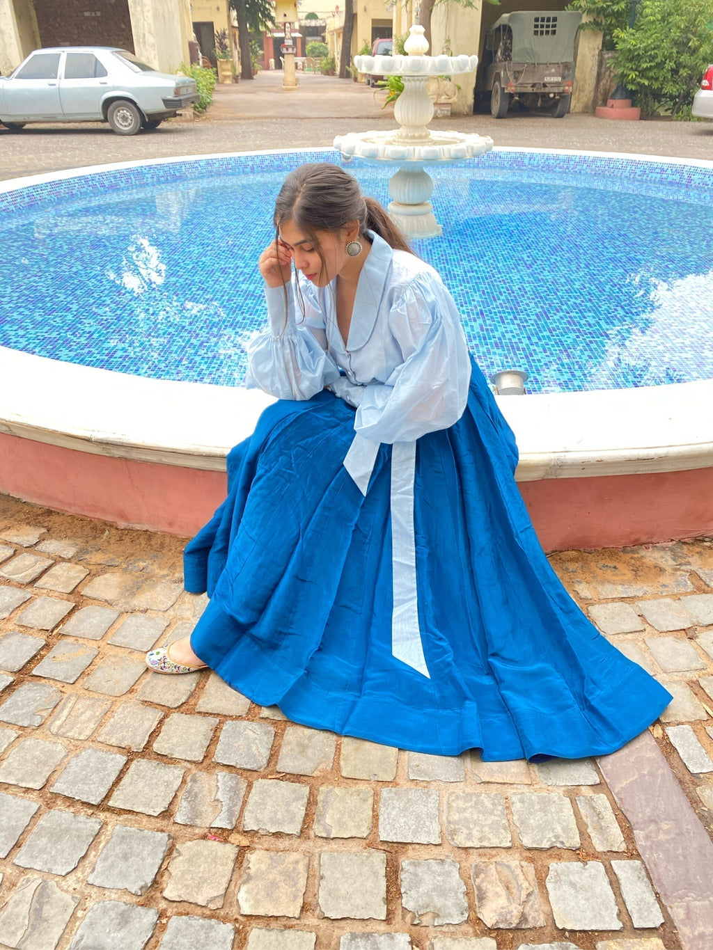 azure silk skirt set