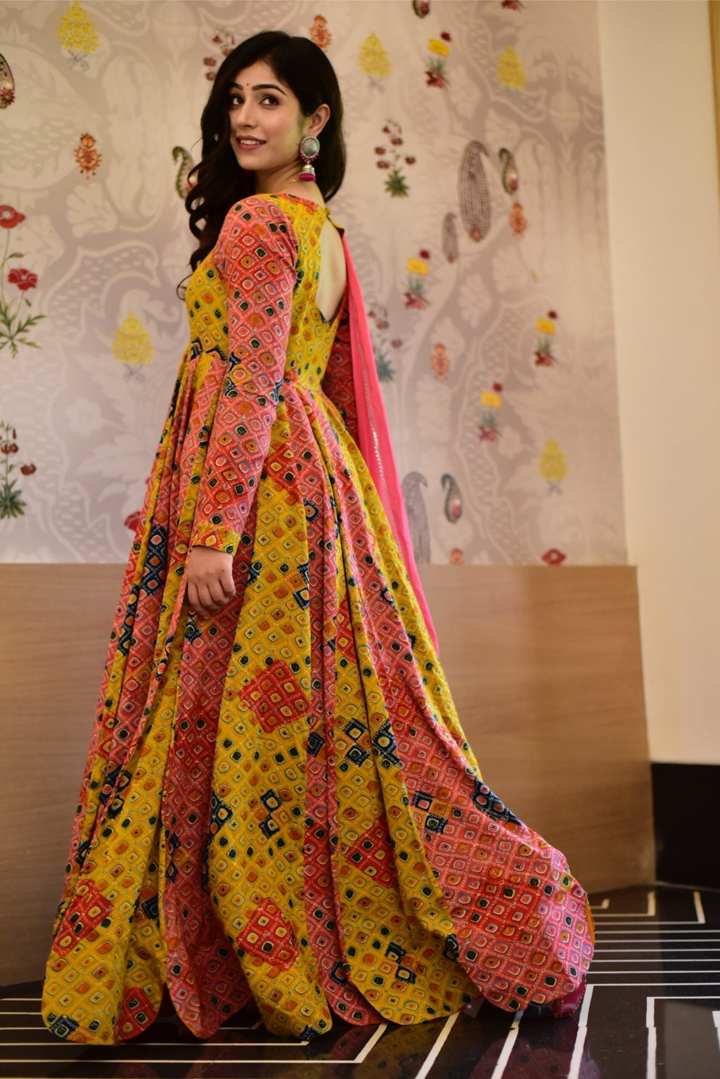 Aleena peach bandhej maxi set