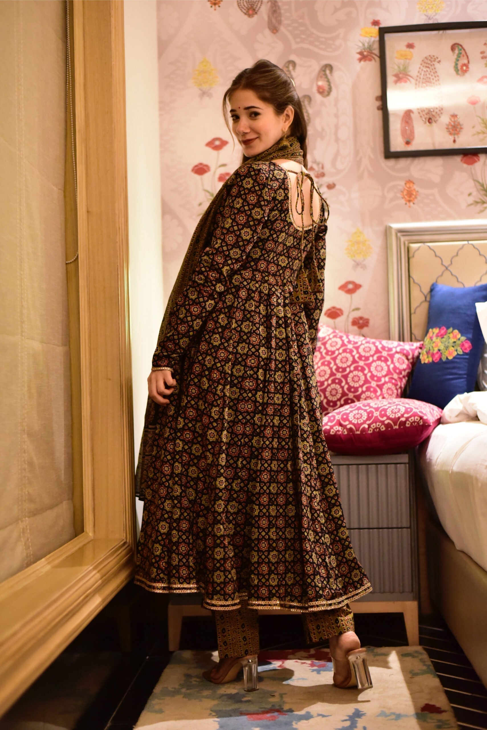 brown ajrakh angrakha suit set