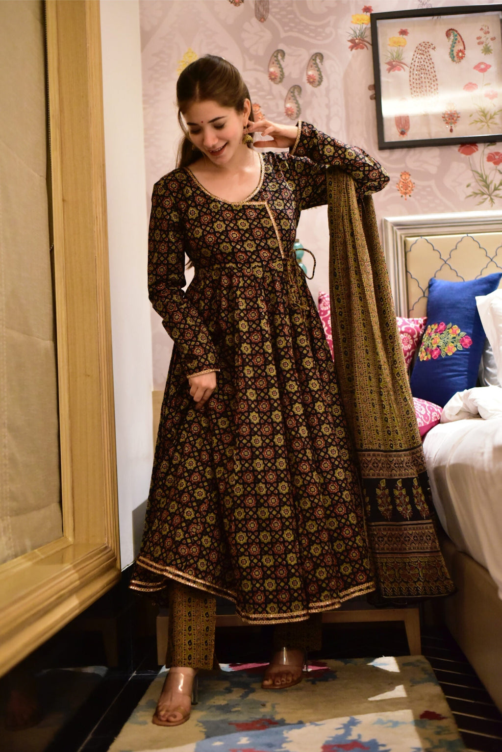 brown ajrakh angrakha suit set