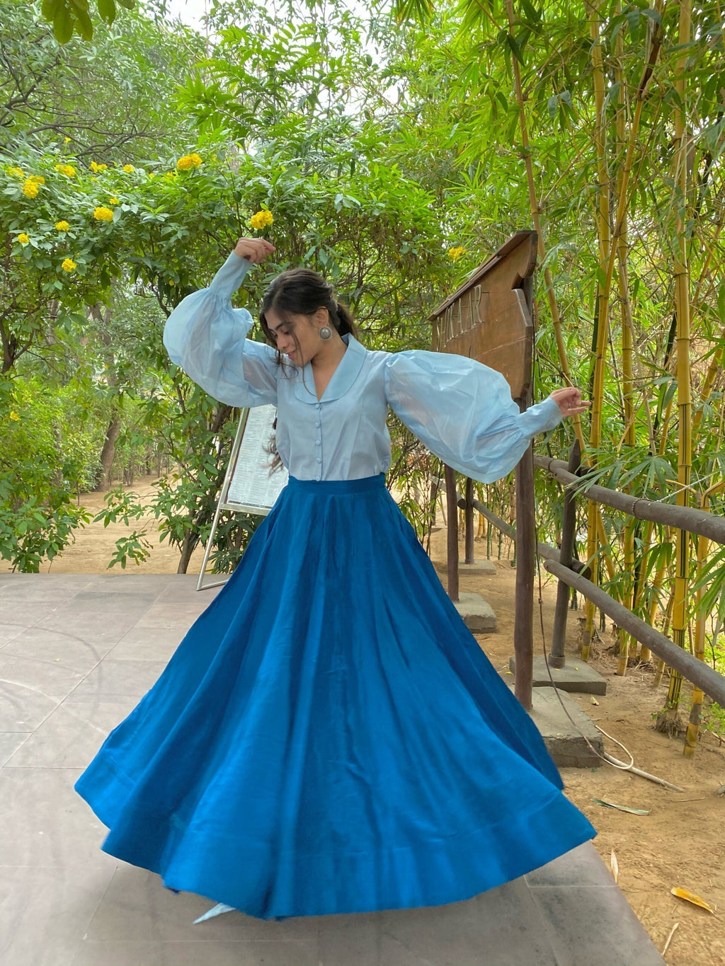 azure silk skirt set