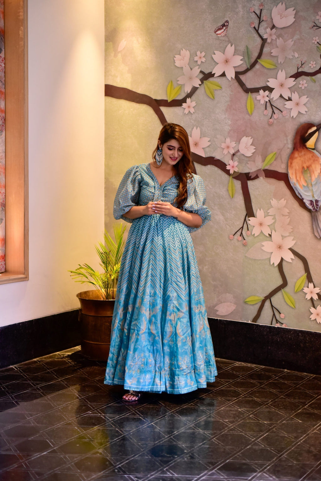 blue aura chanderi maxi set