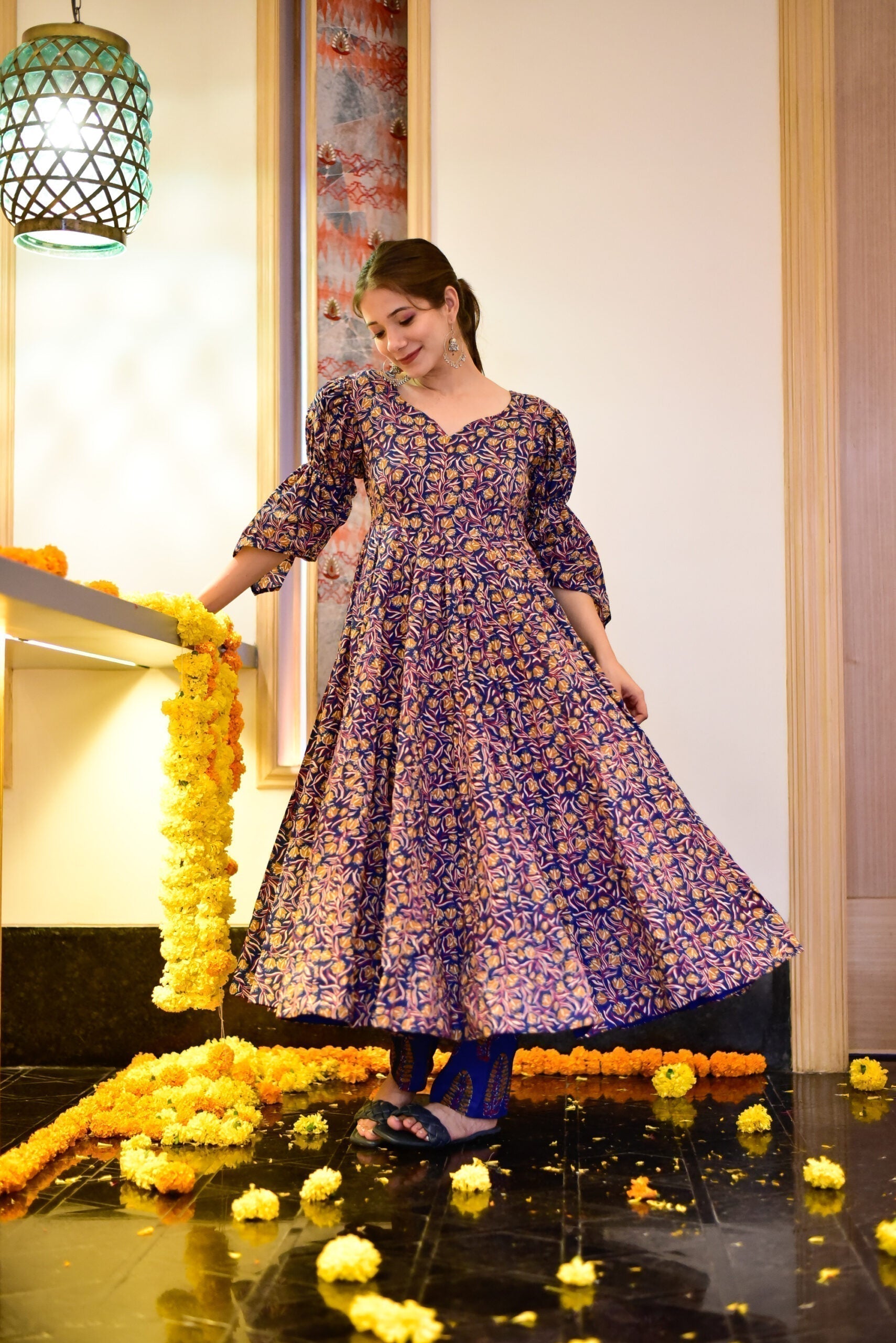 blue burst floral suit set