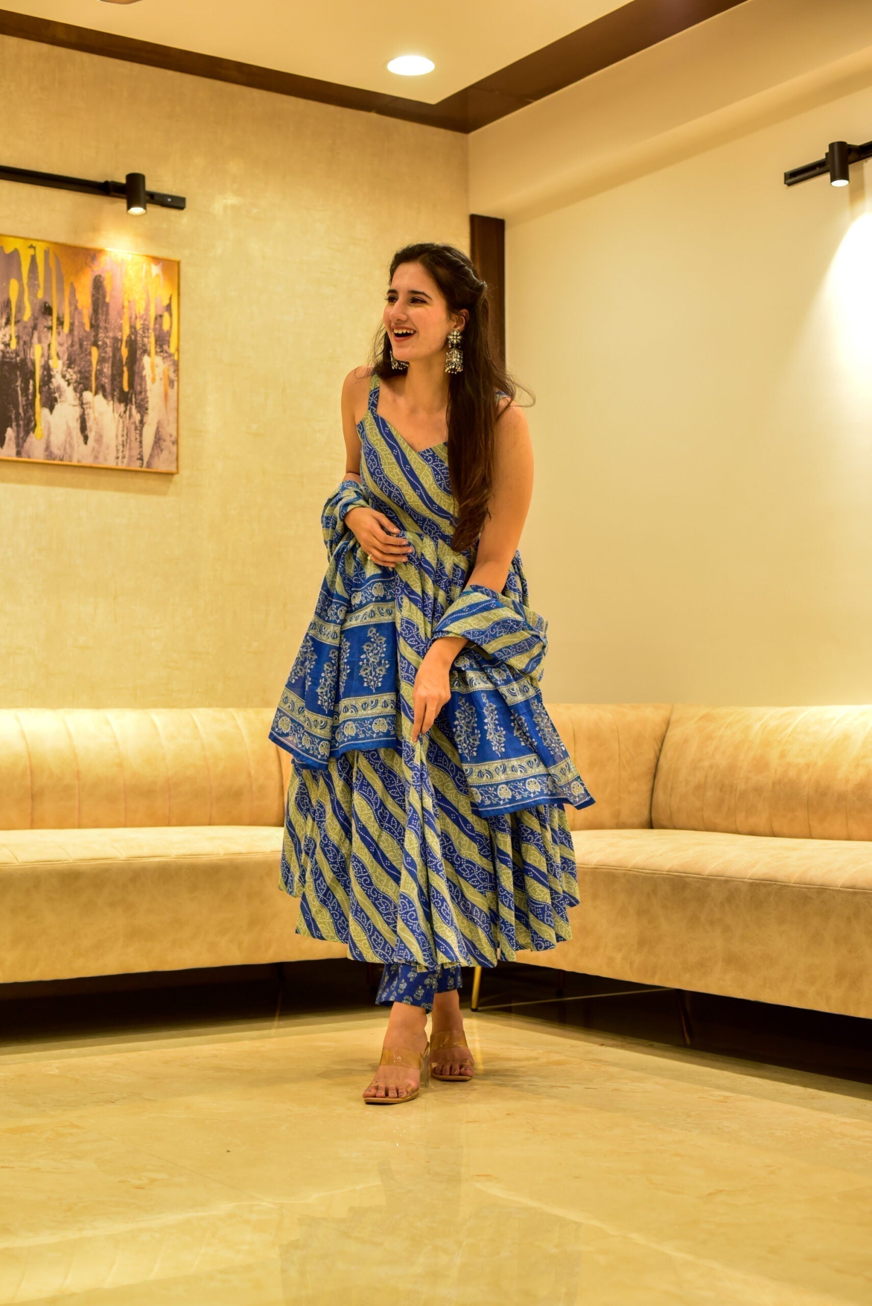 blue and grey linear cotton suit set