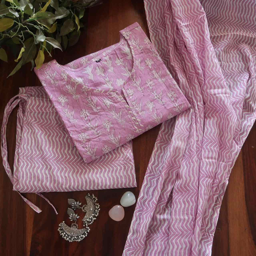 Floral Lilac Breathable Relaxing Fit Cotton Suit (3 piece)