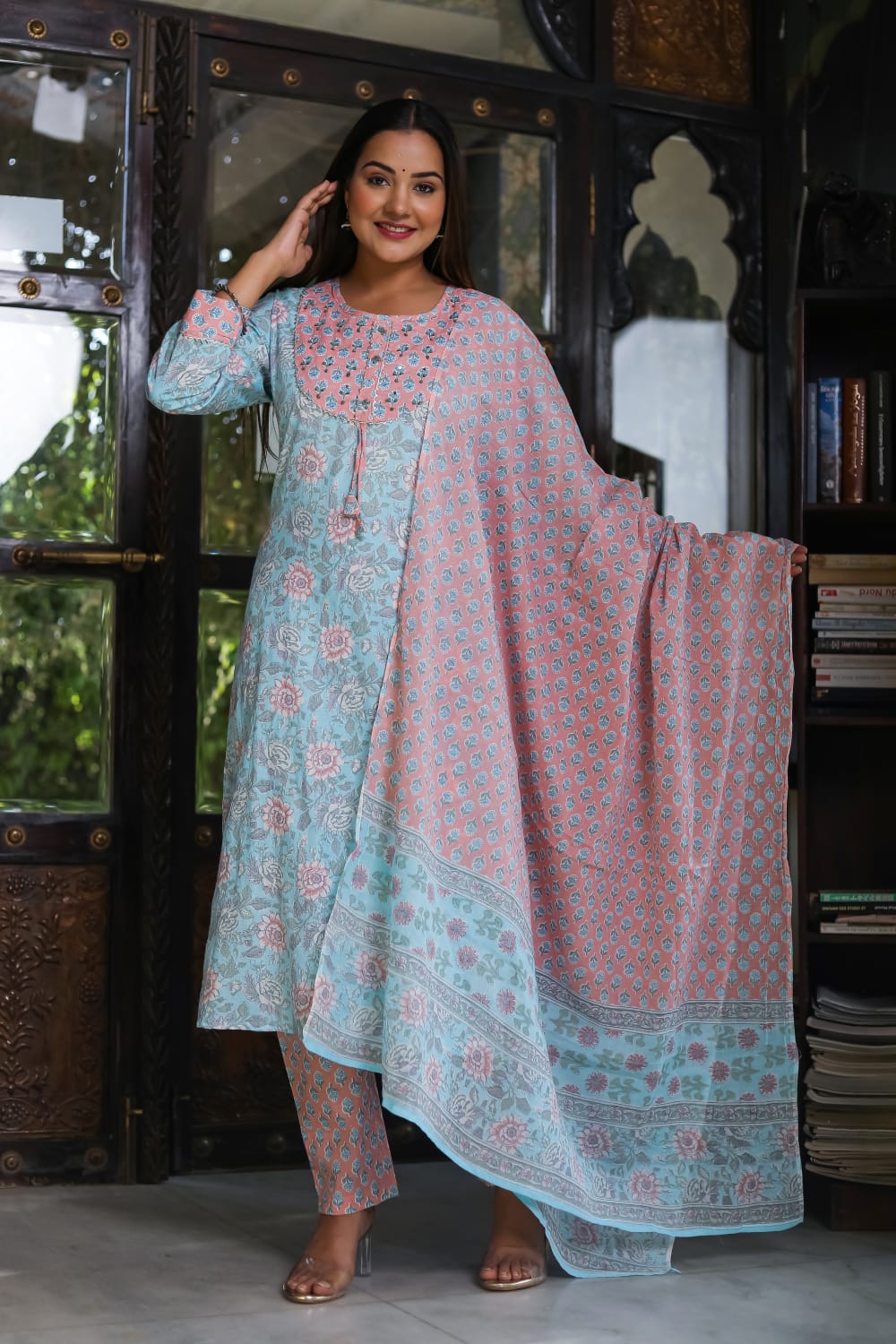 Floral  Breathable Soft Sky Relaxing Fit Cotton Suit (3 piece)