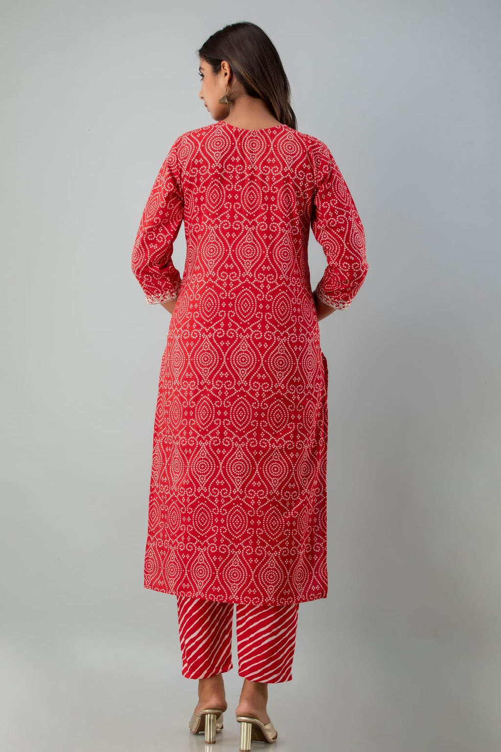 Ethnic Red Bandhej Leheriya Breathable Relaxing Fit Cotton Suit (3 piece)