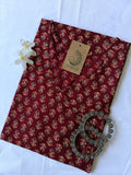 Hand Block Printed Maroon Boota Angrakha Cotton Kurta - M