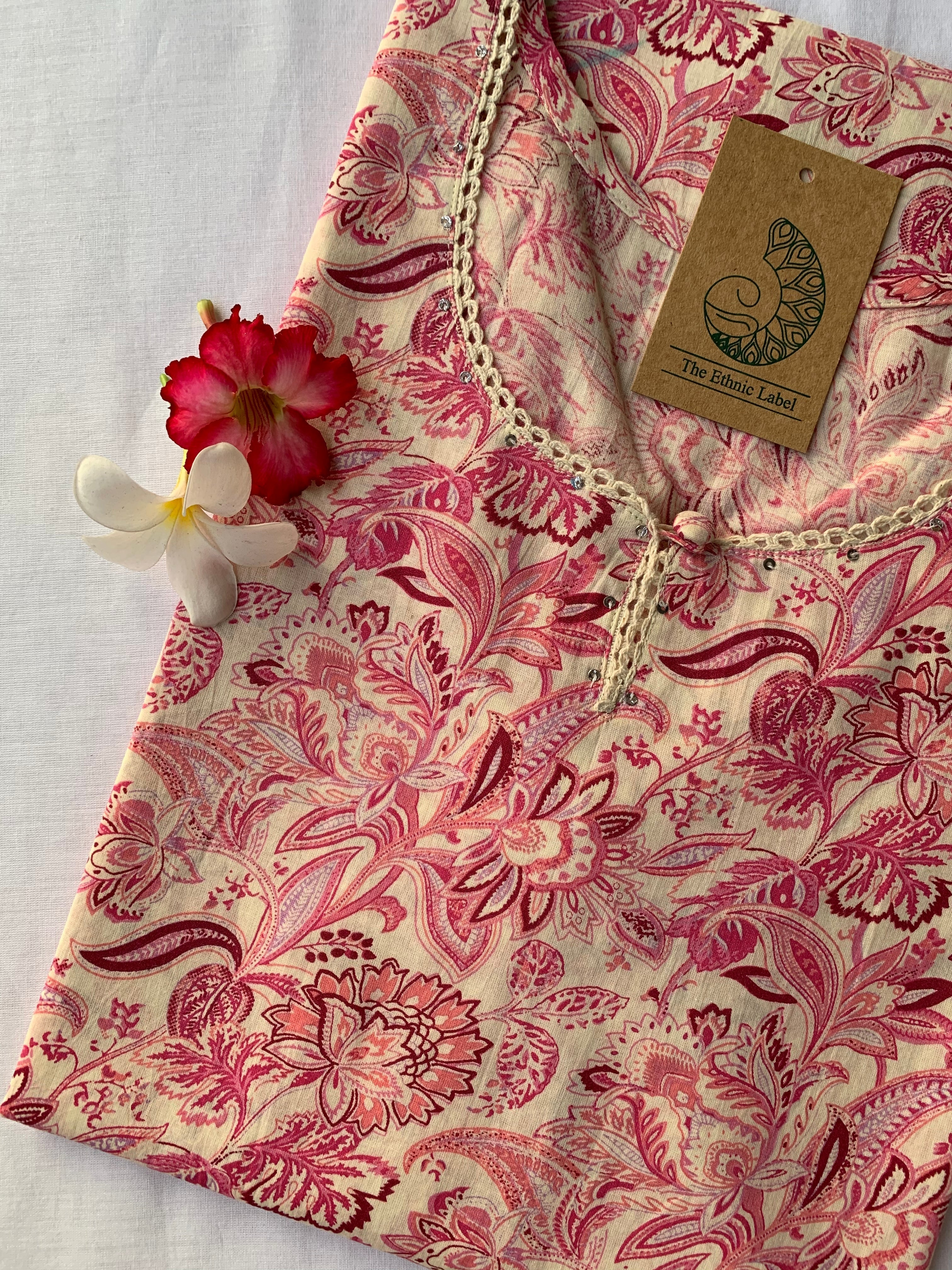 Cream-Pink Floral Jaal Cotton Kurta