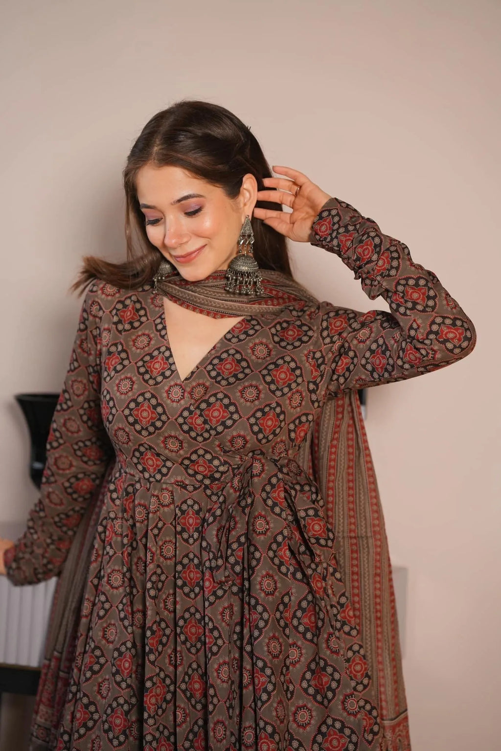 Brown ajrakh print cotton suit set