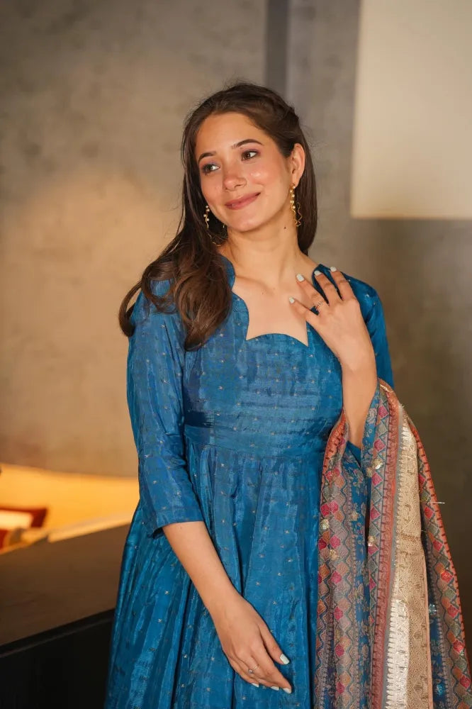 aqua blue silk suit set