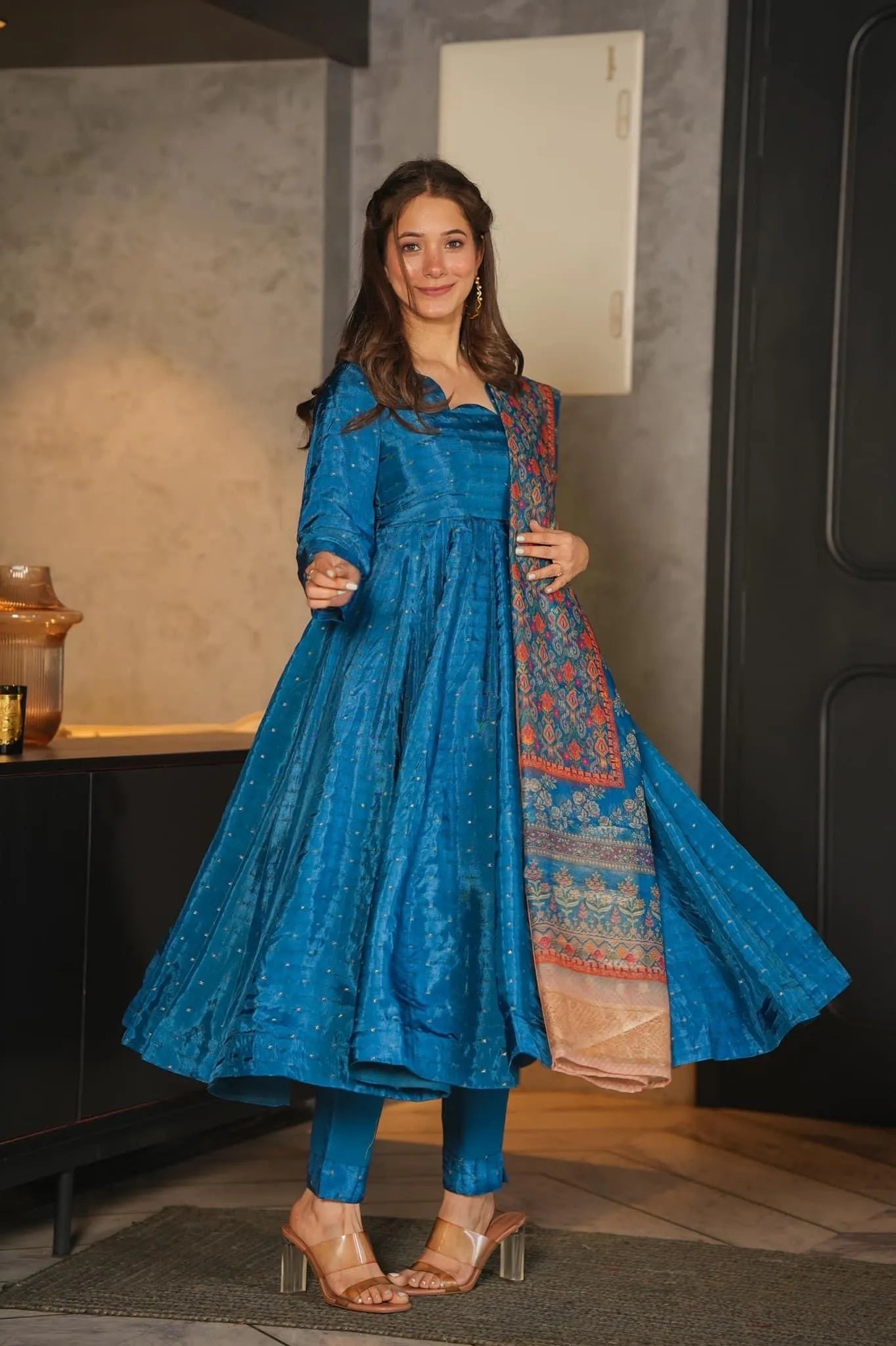 aqua blue silk suit set