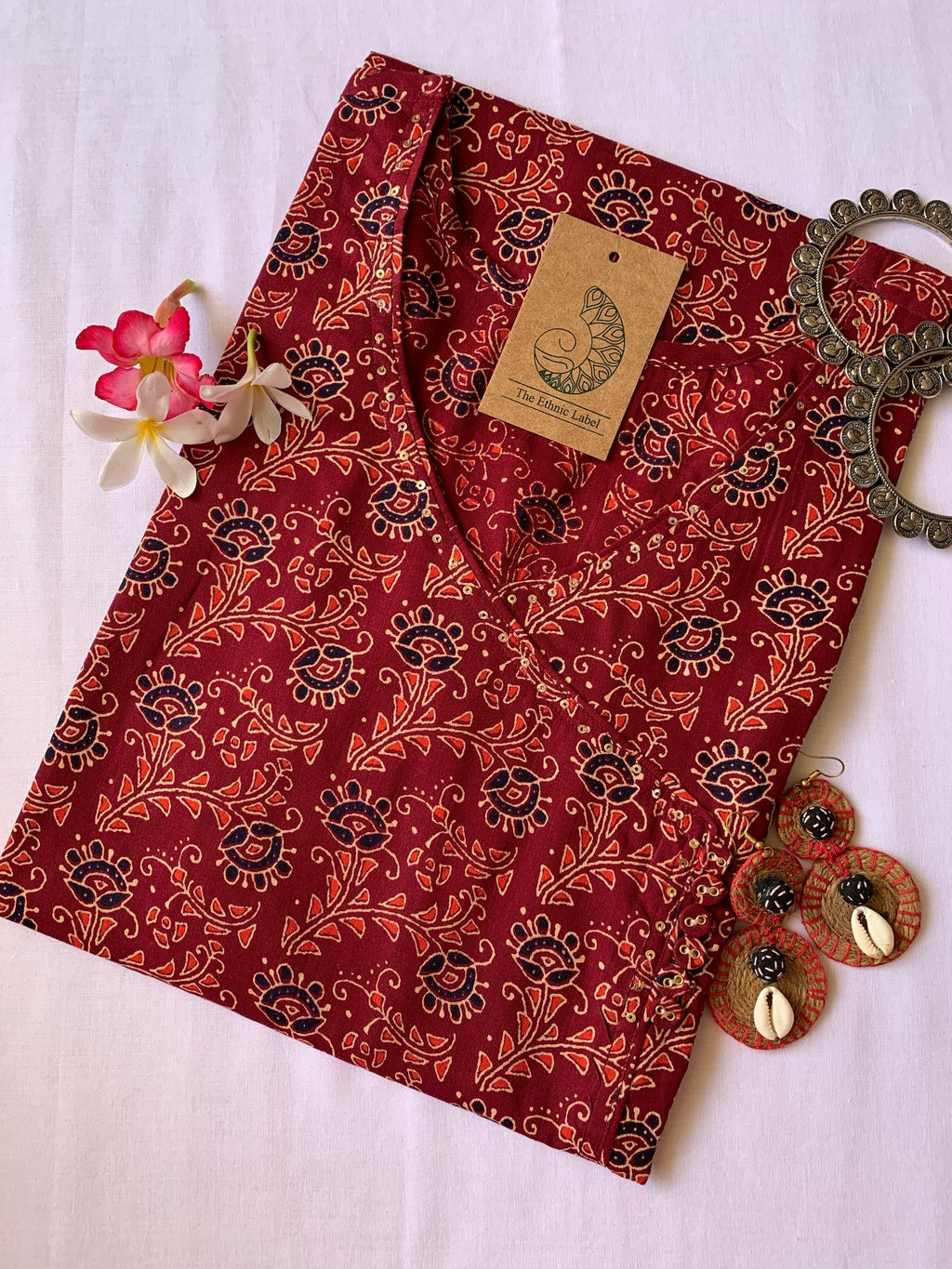 Hand Block Printed Maroon Ajrakh Angrakha Cotton Kurta - M