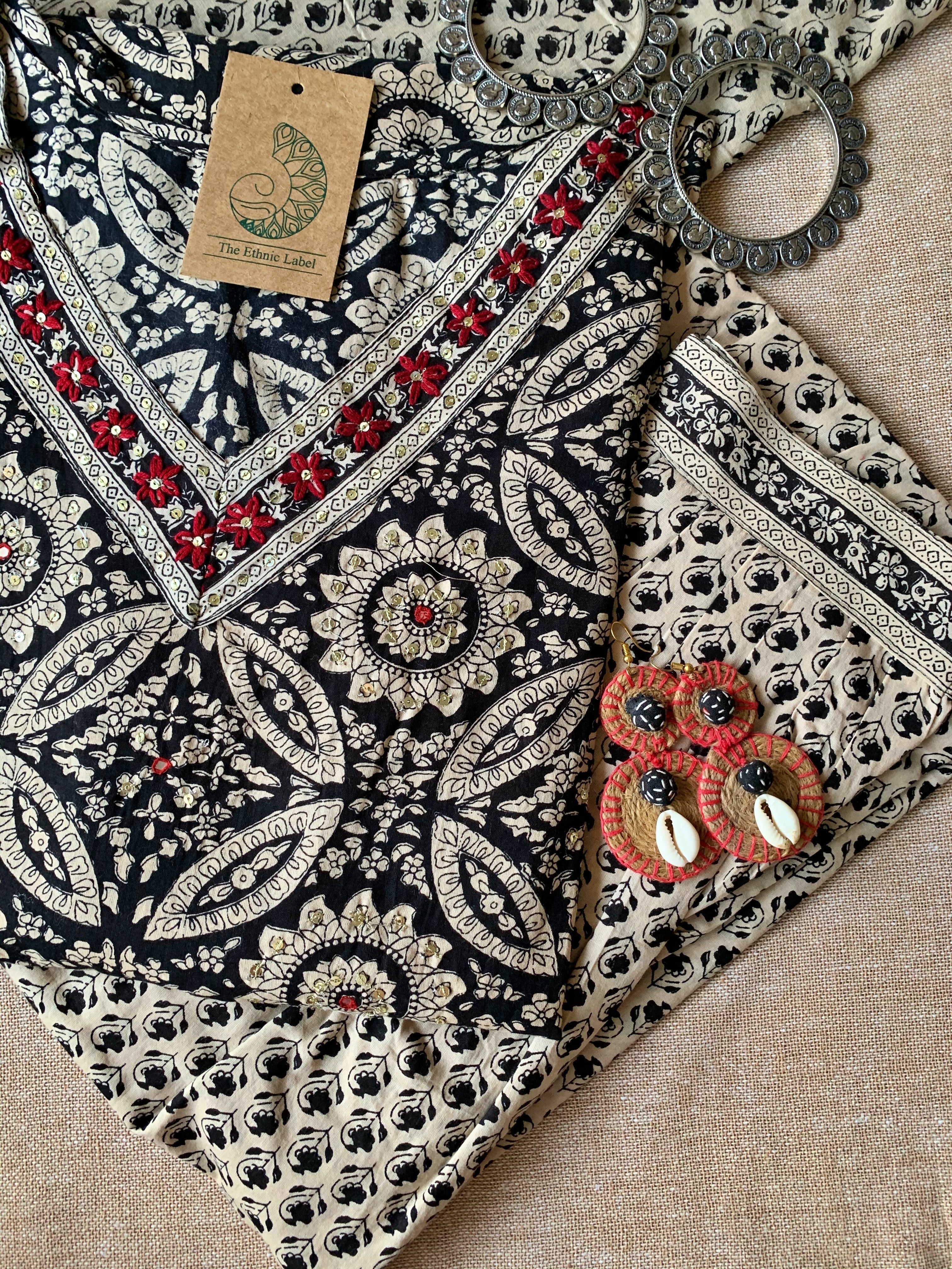 Hand Embroidered Black Ajrakh Afghan Pant Kurta Set with Dupatta - 3 pc