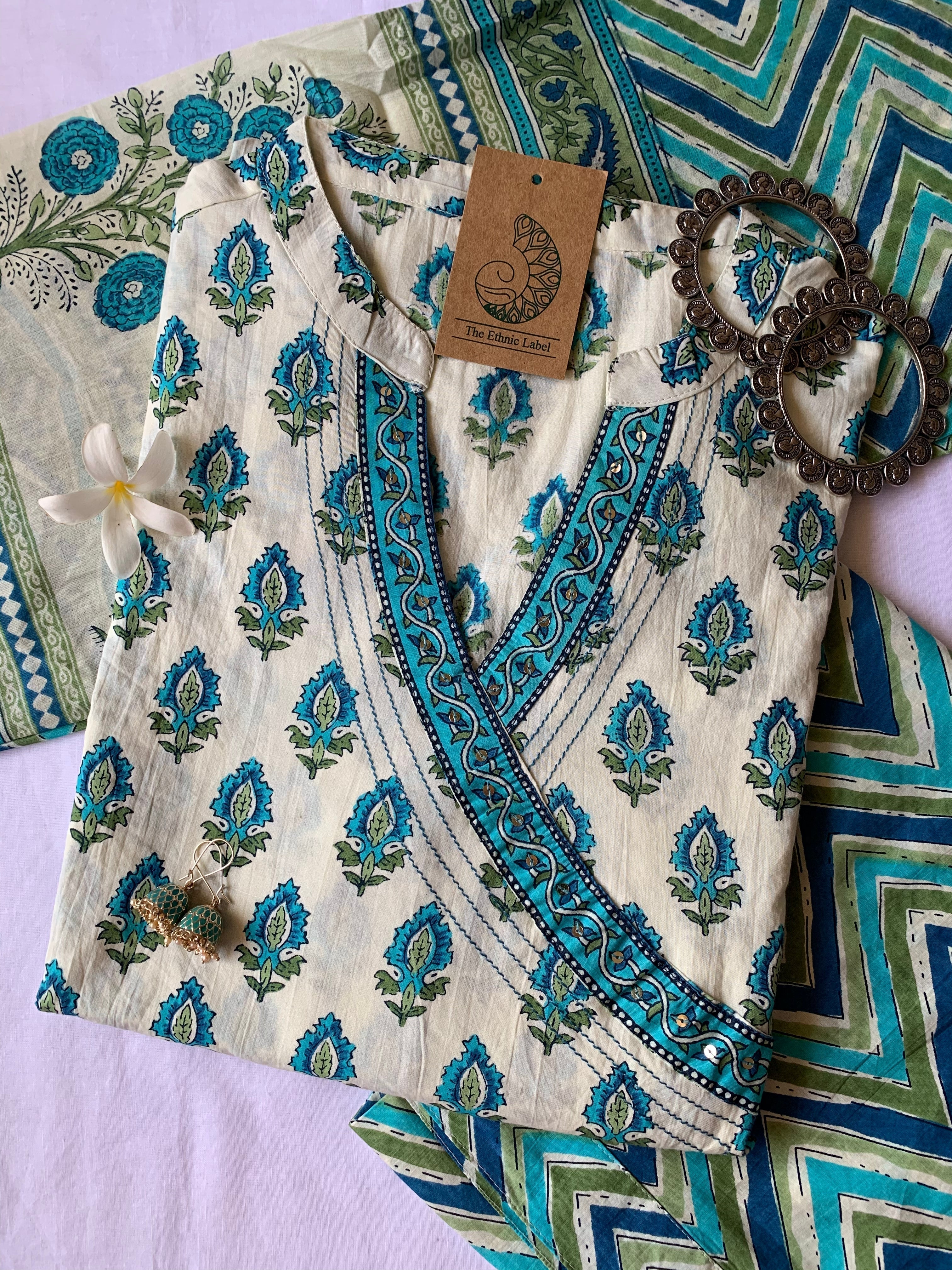 Firozi Boota Angrakha Cotton Kurta Set with dupatta - 3 pc