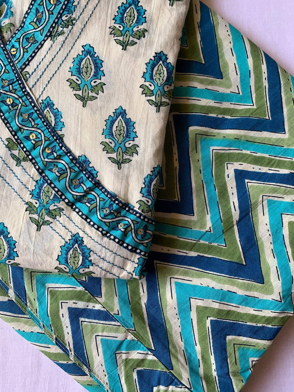 Firozi Boota Angrakha Cotton Kurta Set with dupatta - 3 pc