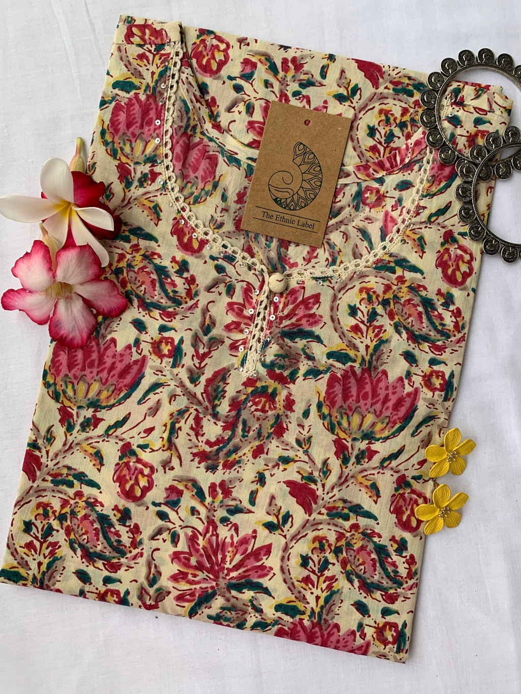 Cream Kamal Floral Cotton Kurta