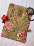 Green Pink Carnation Flora Angrakha Cotton Kurta