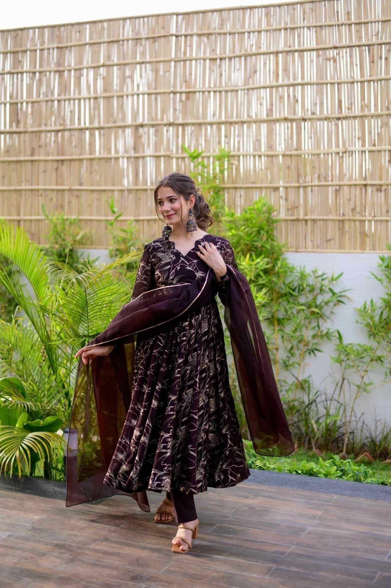 brown organza shimmer suit set