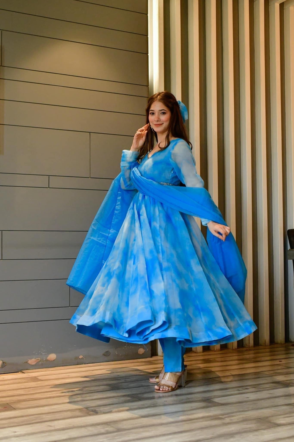 blue marble printed organza suit set