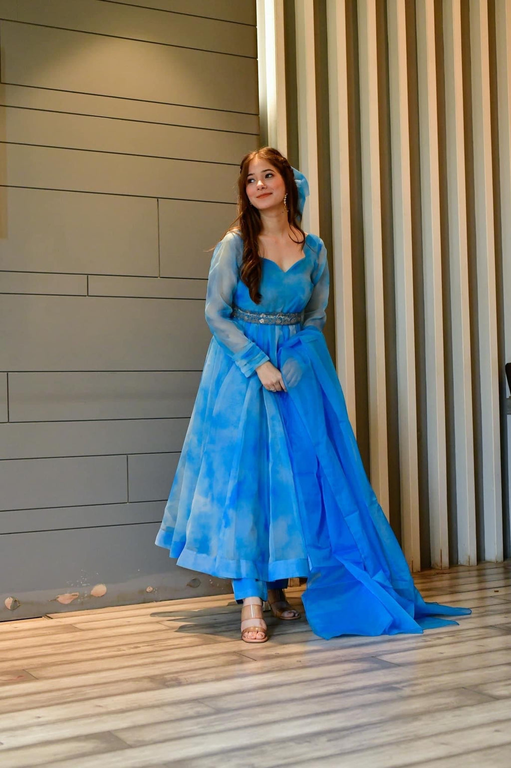 blue marble printed organza suit set