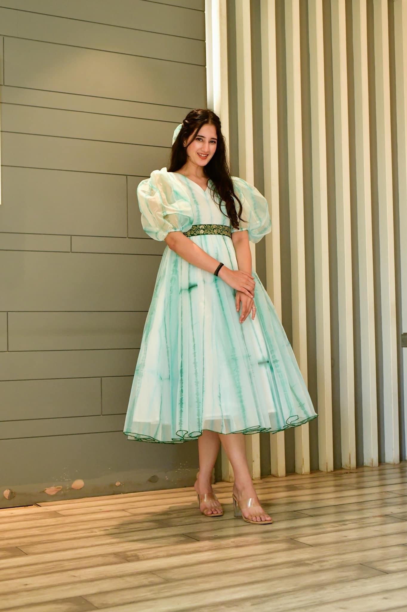Green shibori organza dress