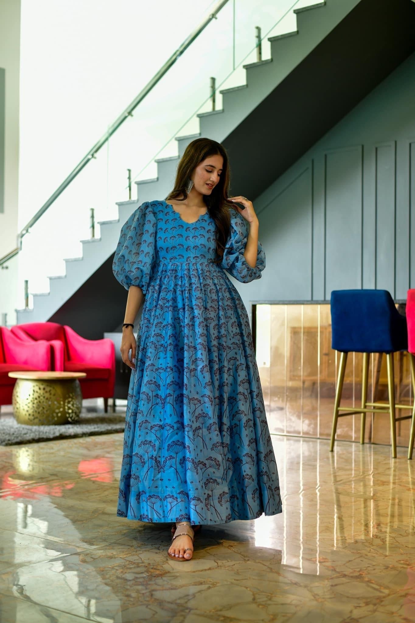 aqua floral chanderi maxi set