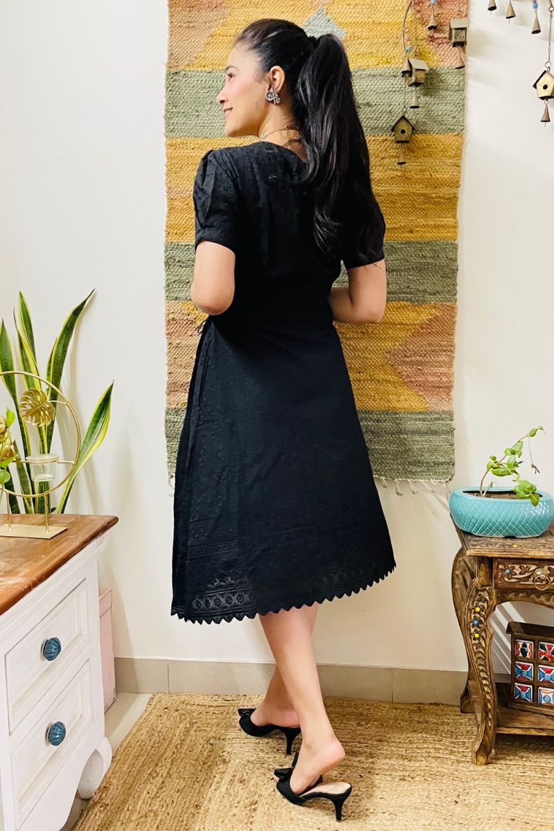BLACK EMBROIDERED WRAP DRESS