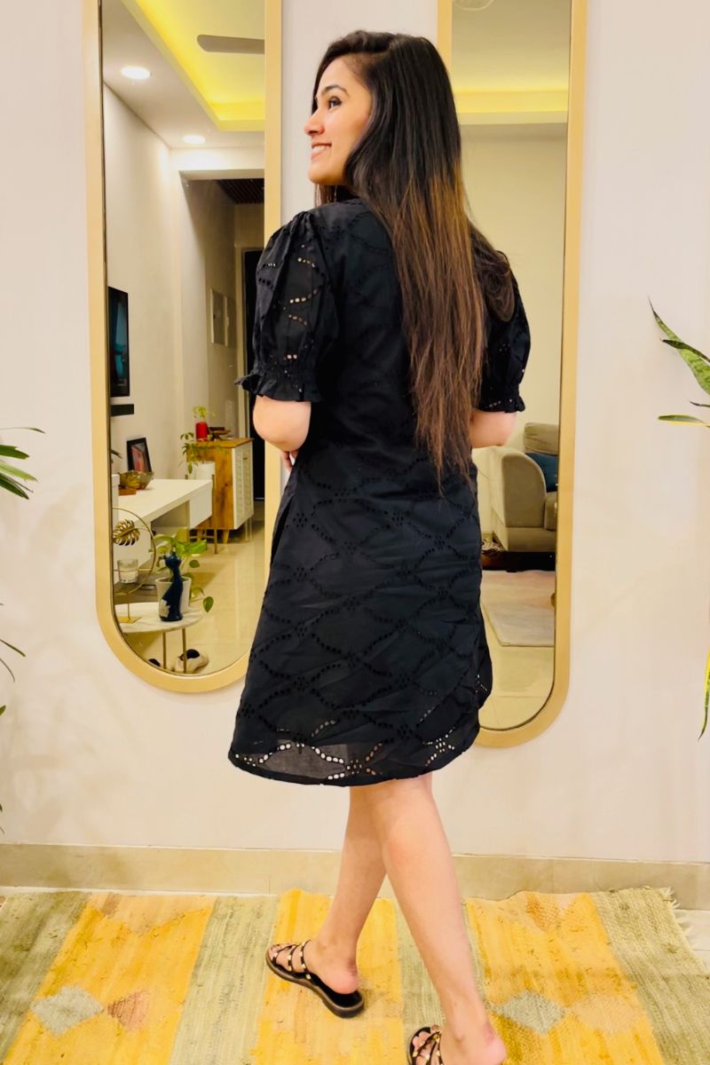 BLACK SCHIFFLI EMBROIDERED FLARED DRESS