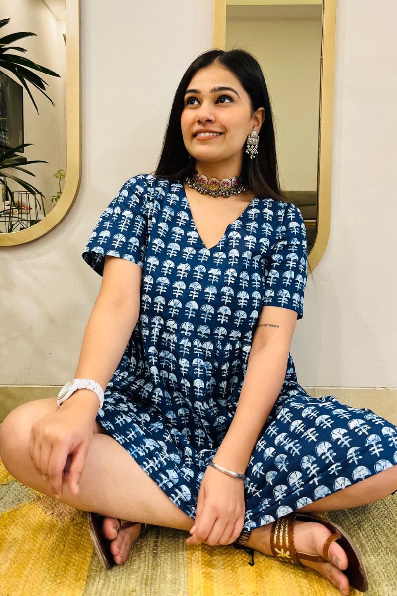 INDIGO BLOCK PRINT FLARED DRESS